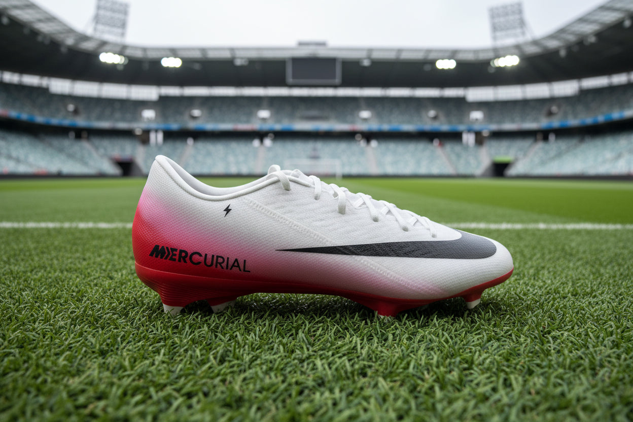 White and red soccer cleat with 'Mercurial' branding on a dark background